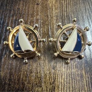 Vintage Signed AVON Gold Tone Sailboat Ship Wheel Blue White Enamel Earrings